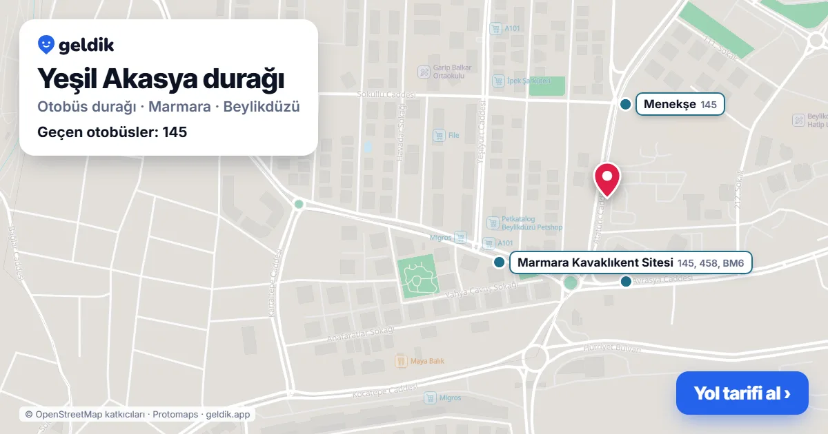 Yeşil Akasya otobüs durağı haritada: konumu ve yakındaki duraklar