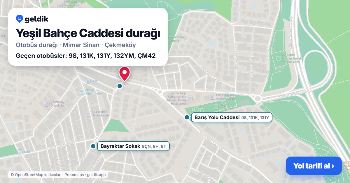 Yeşil Bahçe Caddesi otobüs durağı haritada: konumu ve yakındaki duraklar