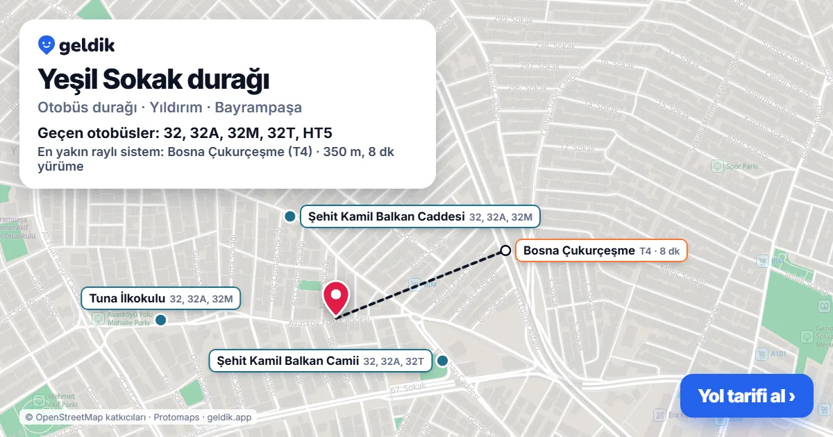 Yeşil Sokak otobüs durağı haritada: konumu ve yakındaki duraklar