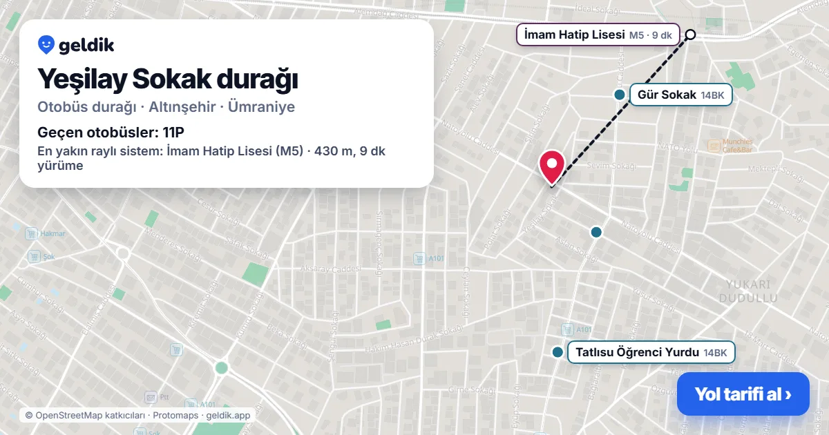 Yeşilay Sokak otobüs durağı haritada: konumu ve yakındaki duraklar