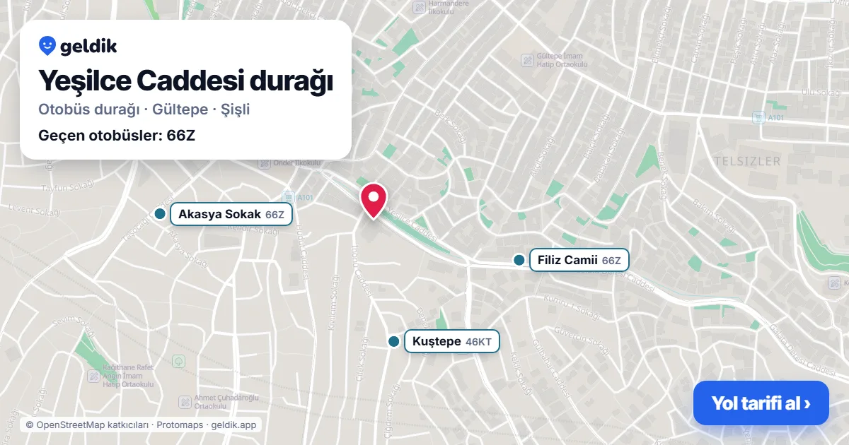 Yeşilce Caddesi otobüs durağı haritada: konumu ve yakındaki duraklar