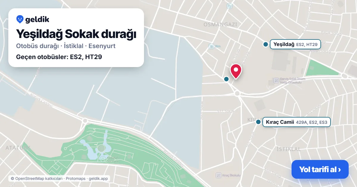 Yeşildağ Sokak otobüs durağı haritada: konumu ve yakındaki duraklar