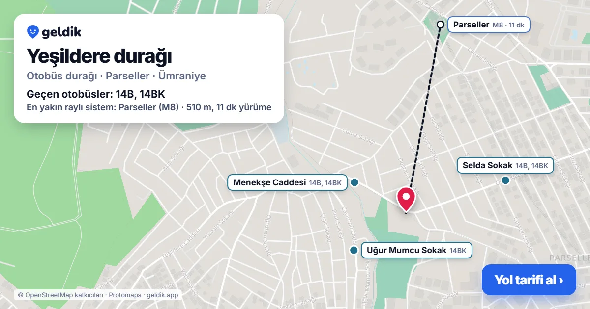 Yeşildere otobüs durağı haritada: konumu ve yakındaki duraklar