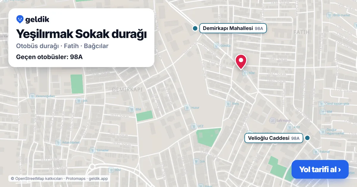 Yeşilırmak Sokak otobüs durağı haritada: konumu ve yakındaki duraklar