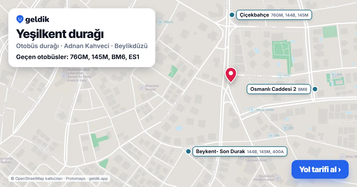 Yeşilkent otobüs durağı haritada: konumu ve yakındaki duraklar