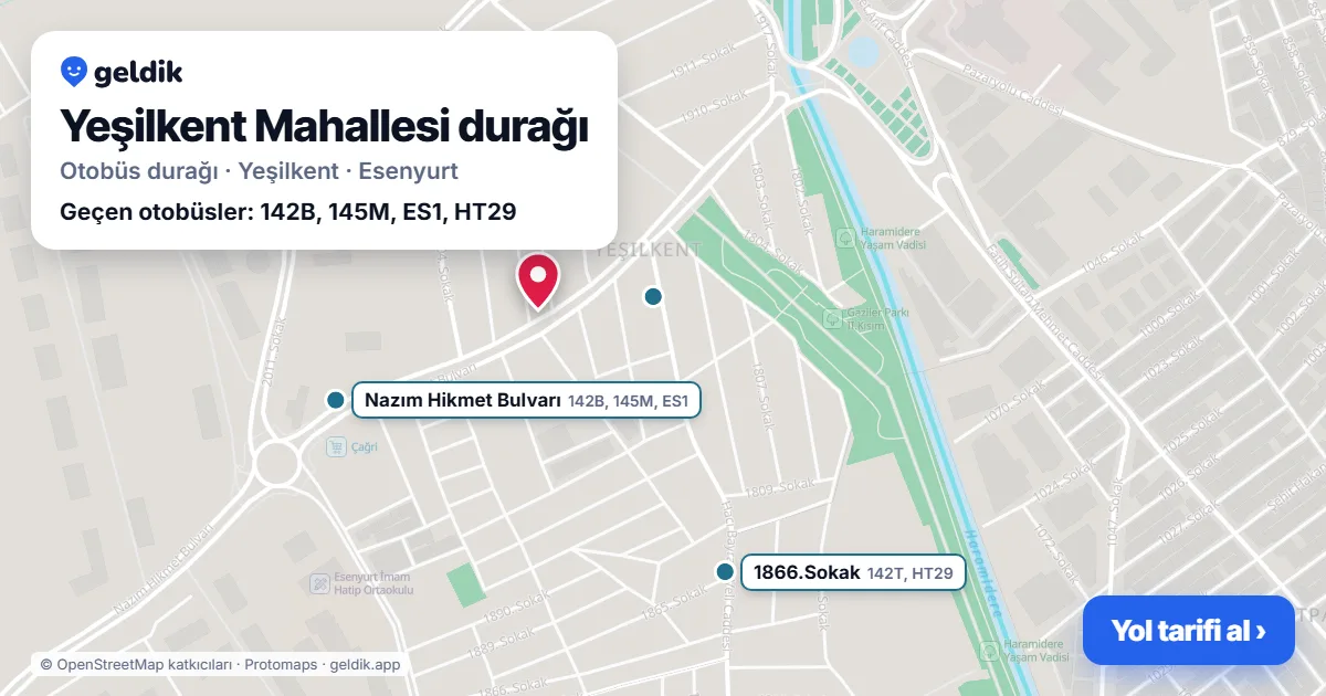 Yeşilkent Mahallesi otobüs durağı haritada: konumu ve yakındaki duraklar