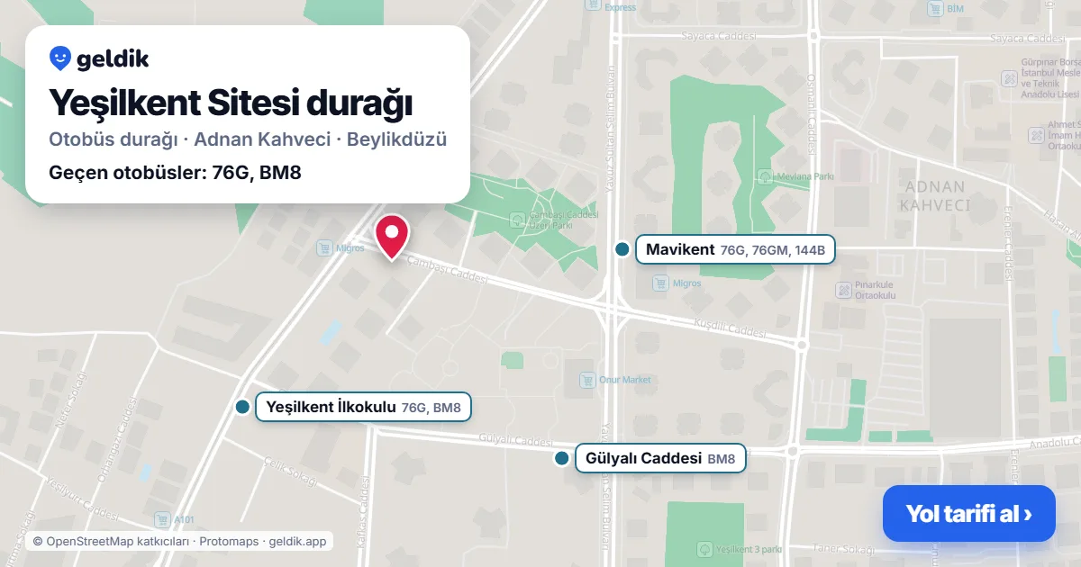 Yeşilkent Sitesi otobüs durağı haritada: konumu ve yakındaki duraklar