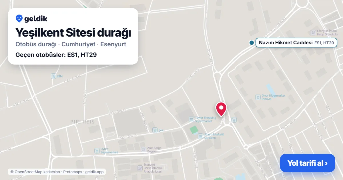 Yeşilkent Sitesi otobüs durağı haritada: konumu ve yakındaki duraklar