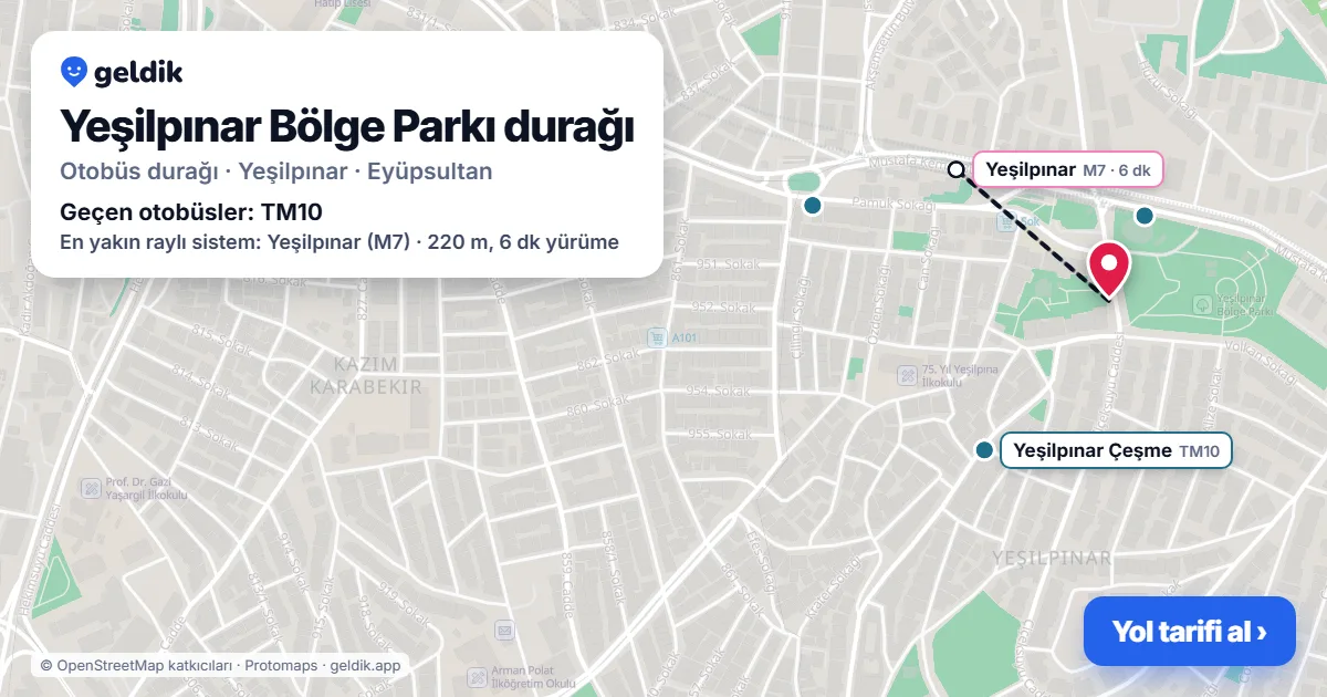 Yeşilpınar Bölge Parkı otobüs durağı haritada: konumu ve yakındaki duraklar