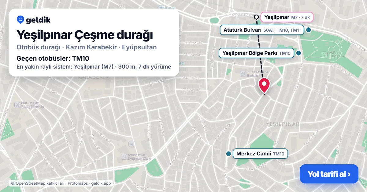 Yeşilpınar Çeşme otobüs durağı haritada: konumu ve yakındaki duraklar