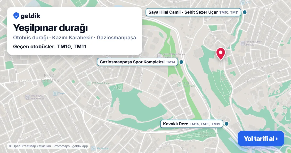 Yeşilpınar otobüs durağı haritada: konumu ve yakındaki duraklar