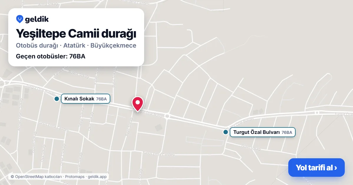 Yeşiltepe Camii otobüs durağı haritada: konumu ve yakındaki duraklar
