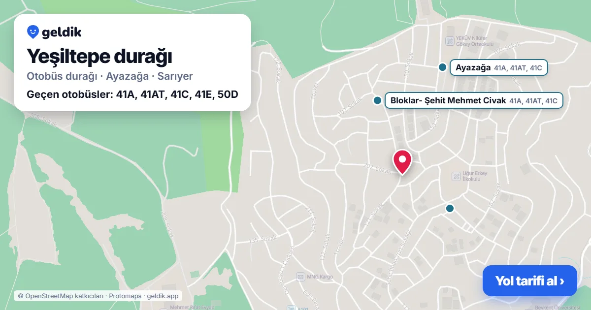 Yeşiltepe otobüs durağı haritada: konumu ve yakındaki duraklar
