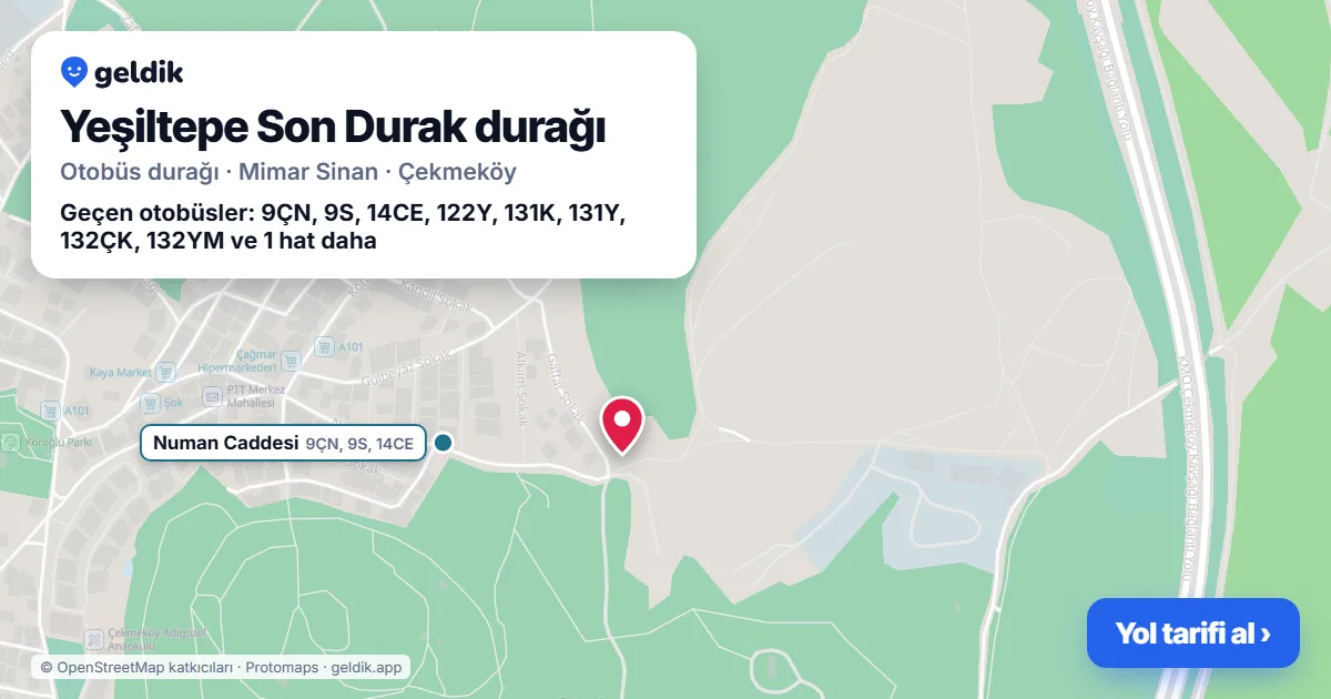 Yeşiltepe Son Durak otobüs durağı haritada: konumu ve yakındaki duraklar