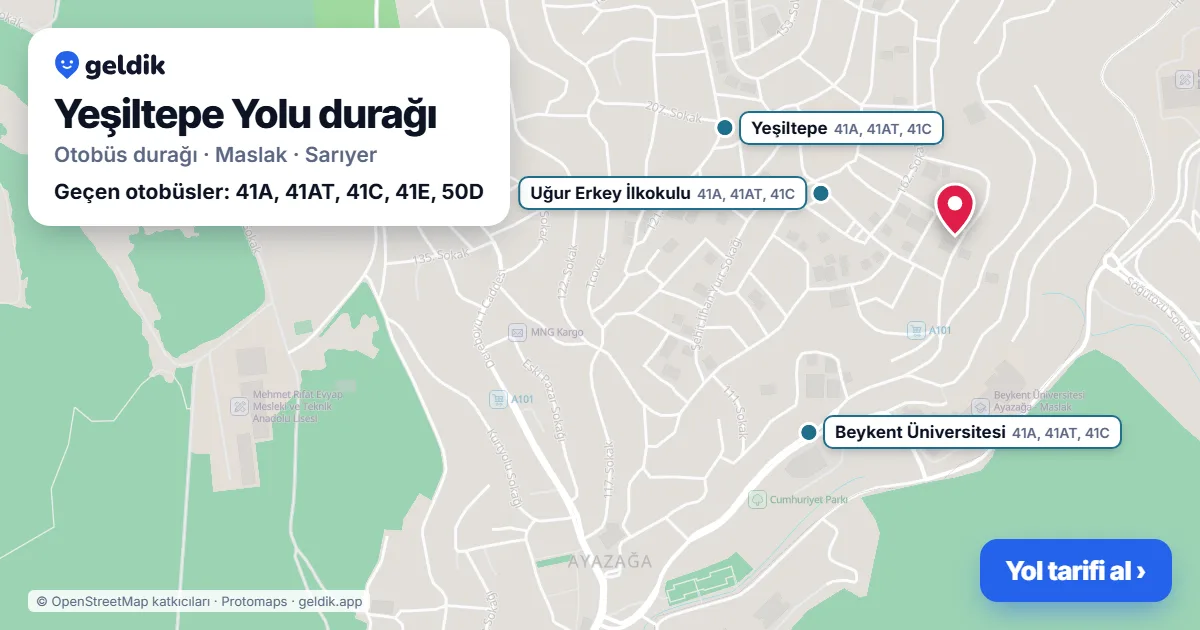 Yeşiltepe Yolu otobüs durağı haritada: konumu ve yakındaki duraklar