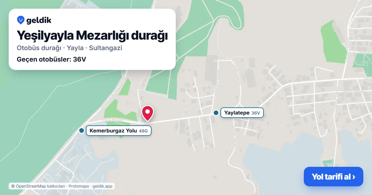 Yeşilyayla Mezarlığı otobüs durağı haritada: konumu ve yakındaki duraklar
