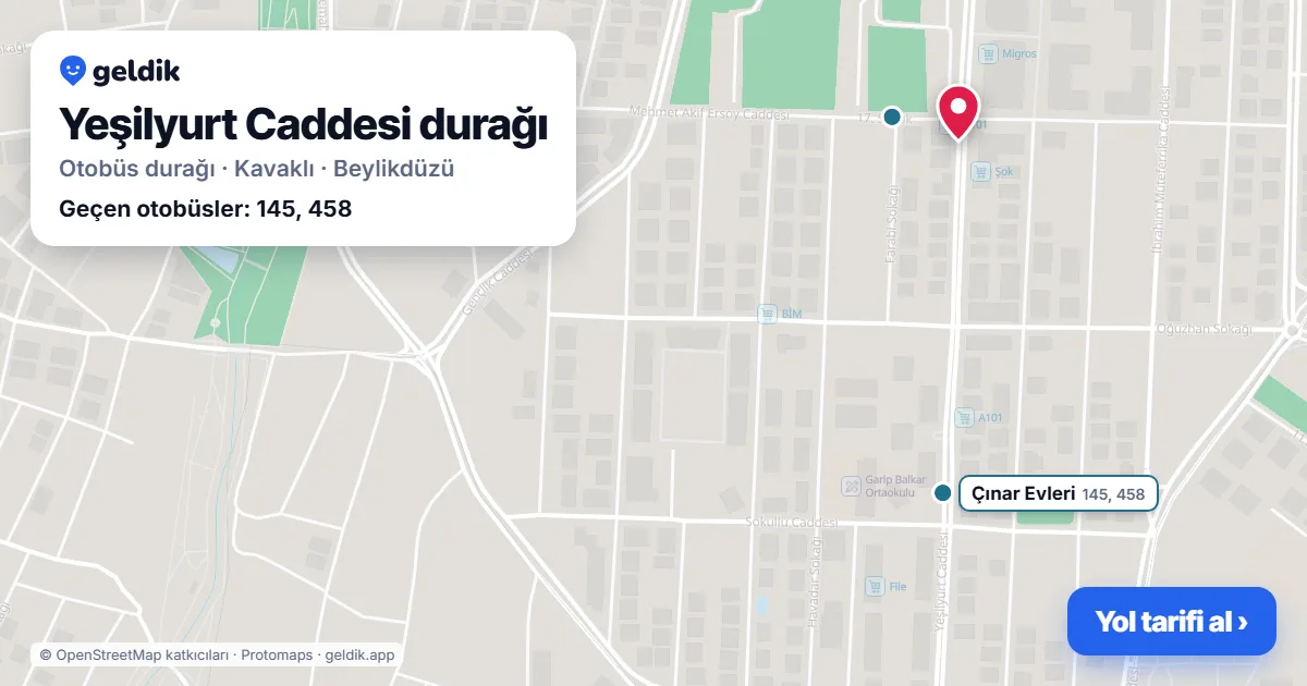 Yeşilyurt Caddesi otobüs durağı haritada: konumu ve yakındaki duraklar