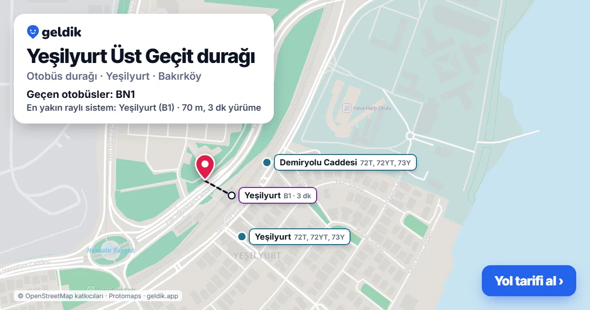 Yeşilyurt Üst Geçit otobüs durağı haritada: konumu ve yakındaki duraklar