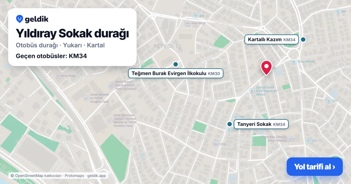 Yıldıray Sokak otobüs durağı haritada: konumu ve yakındaki duraklar