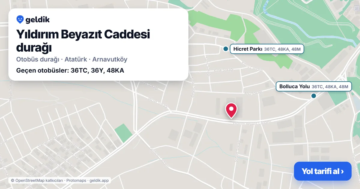 Yıldırım Beyazıt Caddesi otobüs durağı haritada: konumu ve yakındaki duraklar