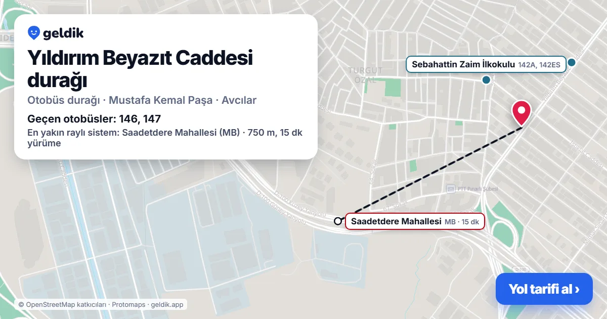 Yıldırım Beyazıt Caddesi otobüs durağı haritada: konumu ve yakındaki duraklar
