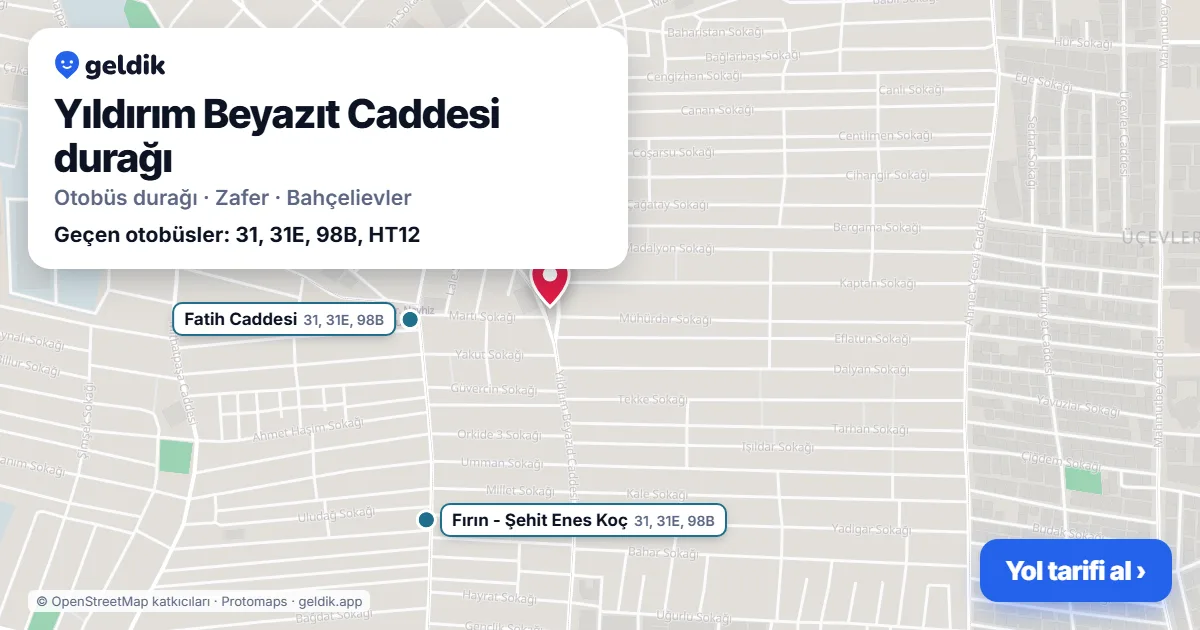 Yıldırım Beyazıt Caddesi otobüs durağı haritada: konumu ve yakındaki duraklar