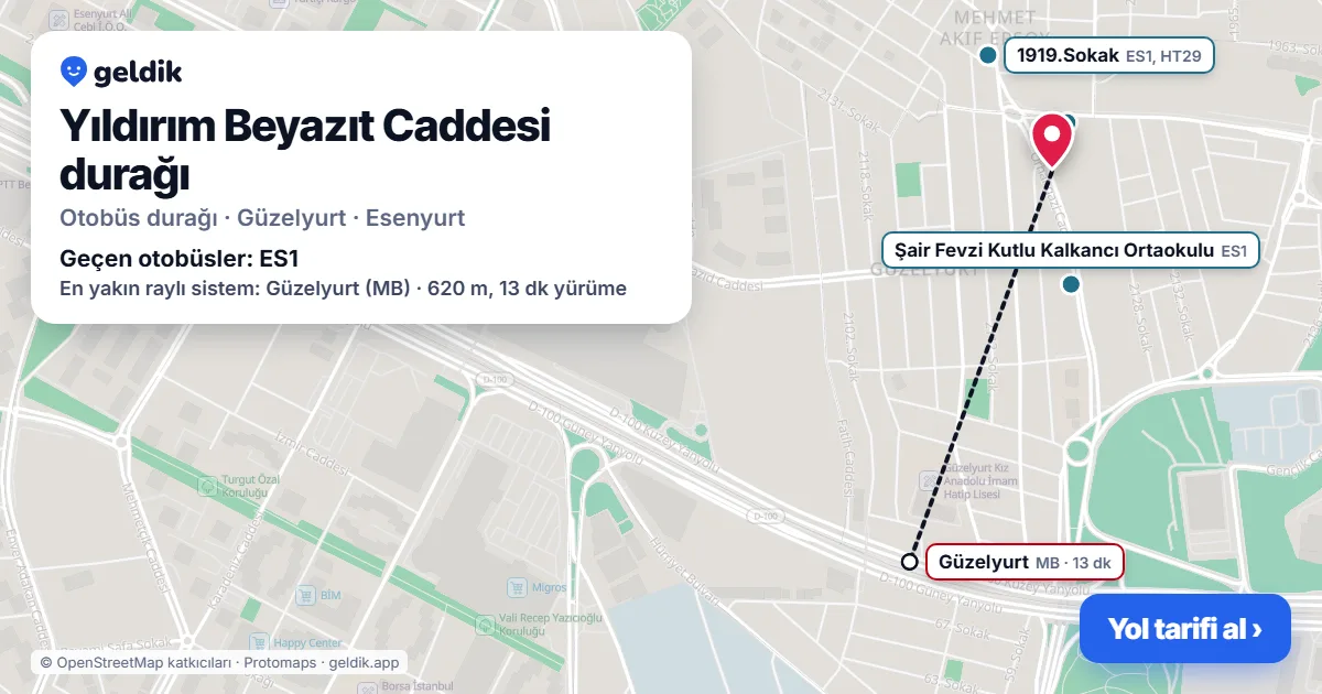 Yıldırım Beyazıt Caddesi otobüs durağı haritada: konumu ve yakındaki duraklar