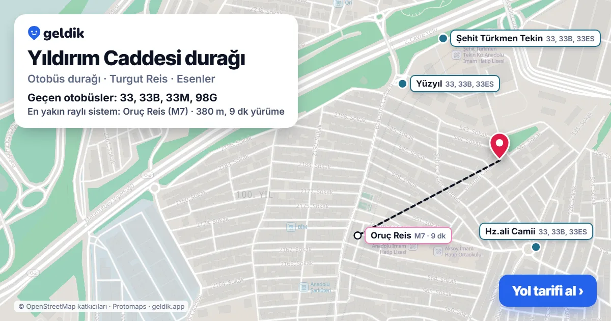 Yıldırım Caddesi otobüs durağı haritada: konumu ve yakındaki duraklar