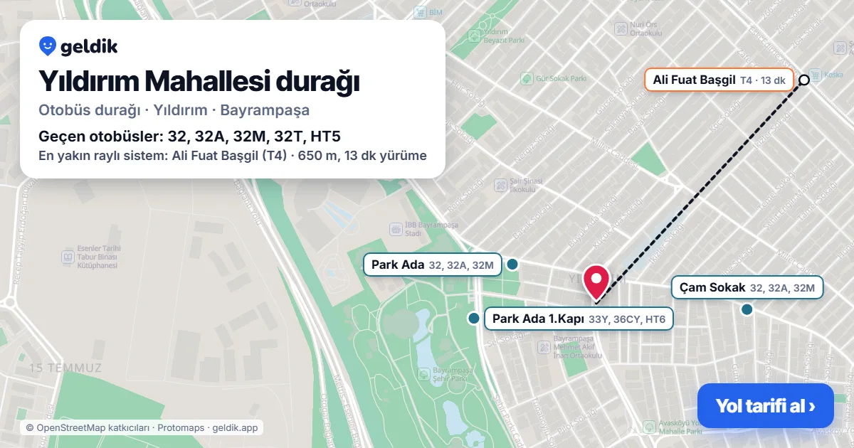 Yıldırım Mahallesi otobüs durağı haritada: konumu ve yakındaki duraklar