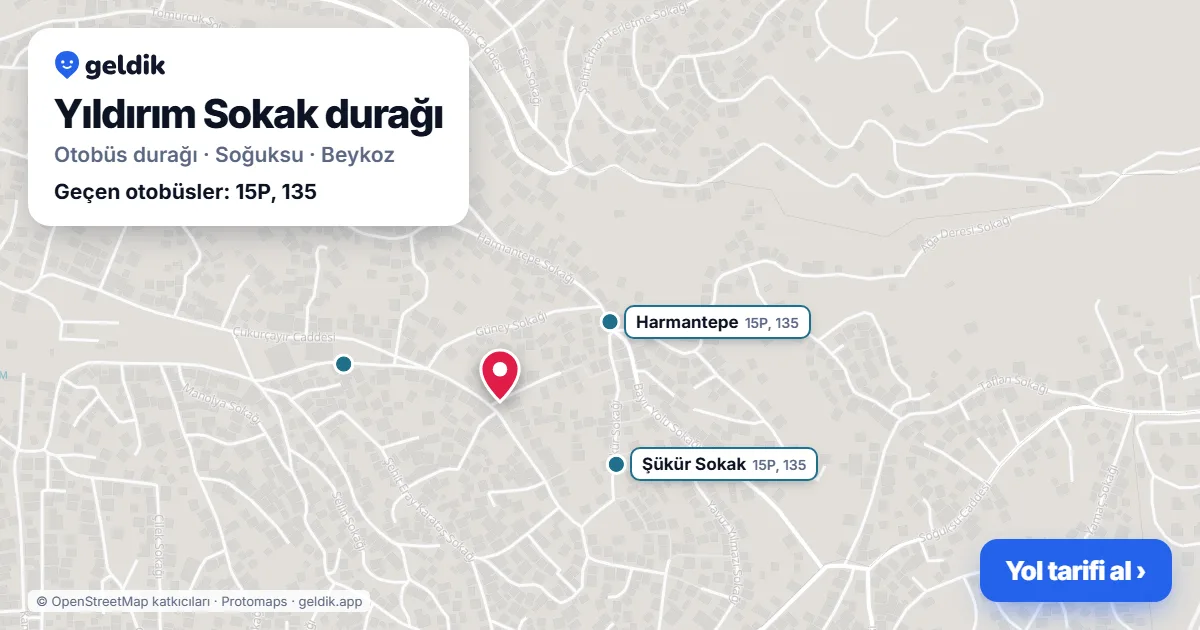 Yıldırım Sokak otobüs durağı haritada: konumu ve yakındaki duraklar