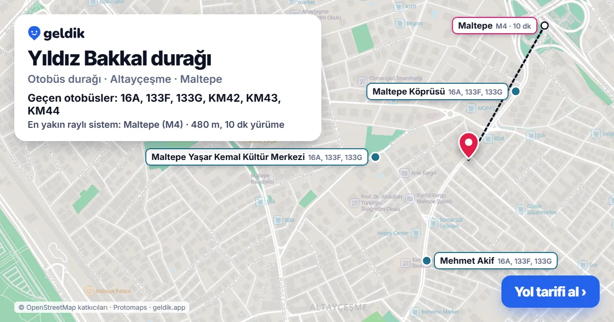 Yıldız Bakkal otobüs durağı haritada: konumu ve yakındaki duraklar