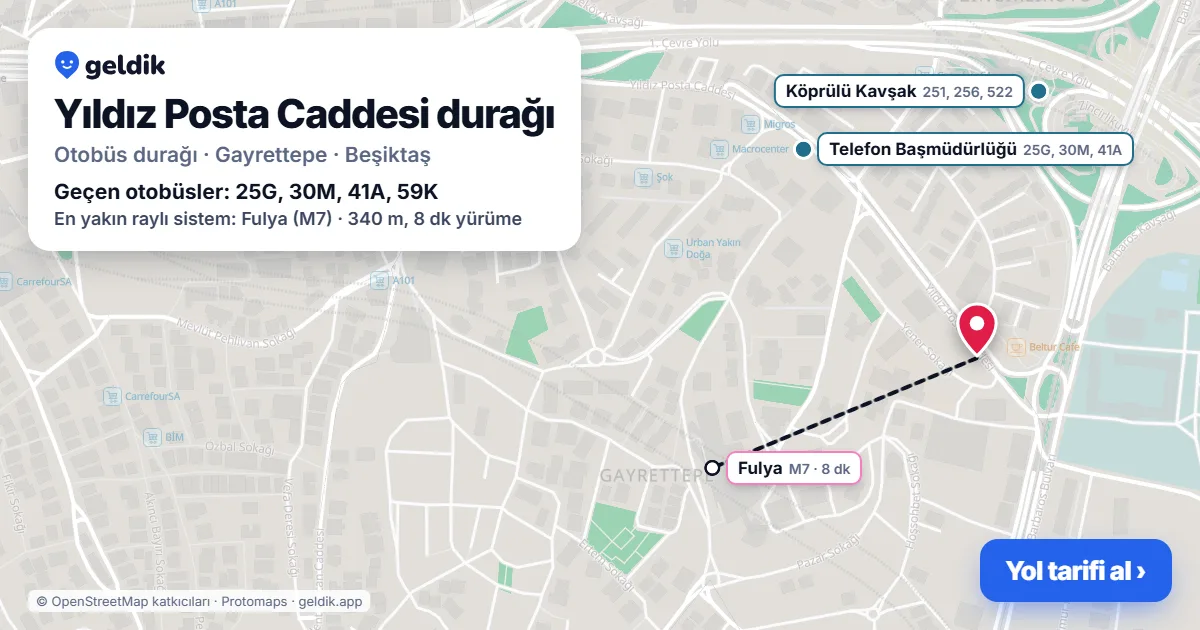 Yıldız Posta Caddesi otobüs durağı haritada: konumu ve yakındaki duraklar