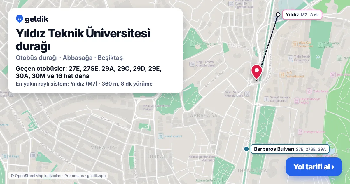 Yıldız Teknik Üniversitesi otobüs durağı haritada: konumu ve yakındaki duraklar