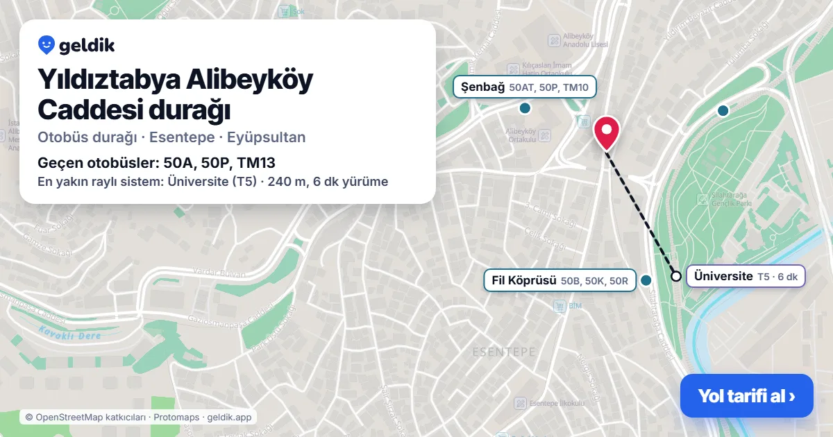 Yıldıztabya Alibeyköy Caddesi otobüs durağı haritada: konumu ve yakındaki duraklar