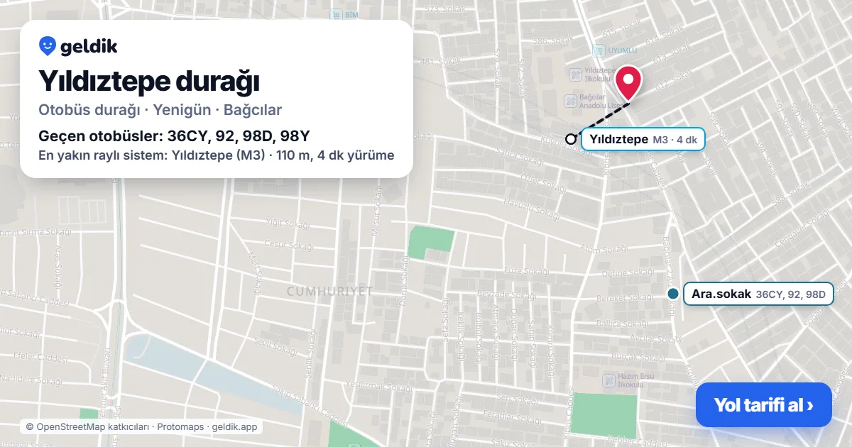 Yıldıztepe otobüs durağı haritada: konumu ve yakındaki duraklar