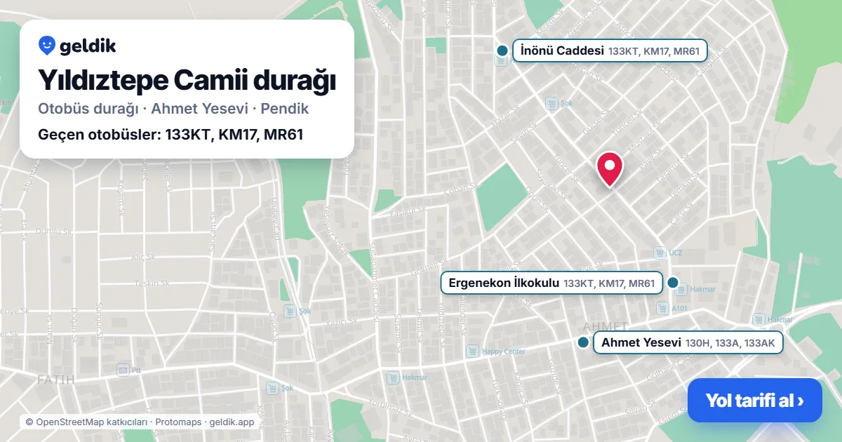 Yıldıztepe Camii otobüs durağı haritada: konumu ve yakındaki duraklar