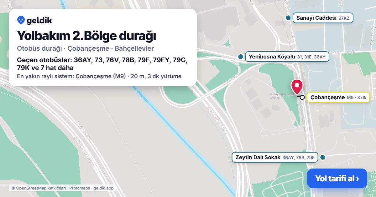 Yolbakım 2.Bölge otobüs durağı haritada: konumu ve yakındaki duraklar