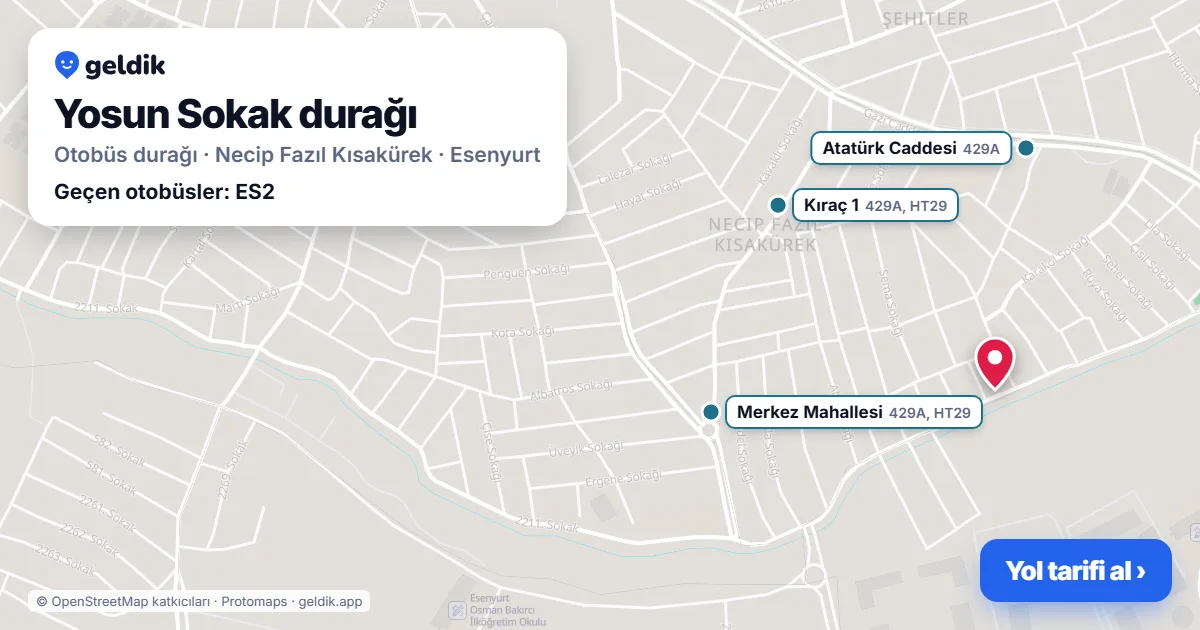Yosun Sokak otobüs durağı haritada: konumu ve yakındaki duraklar