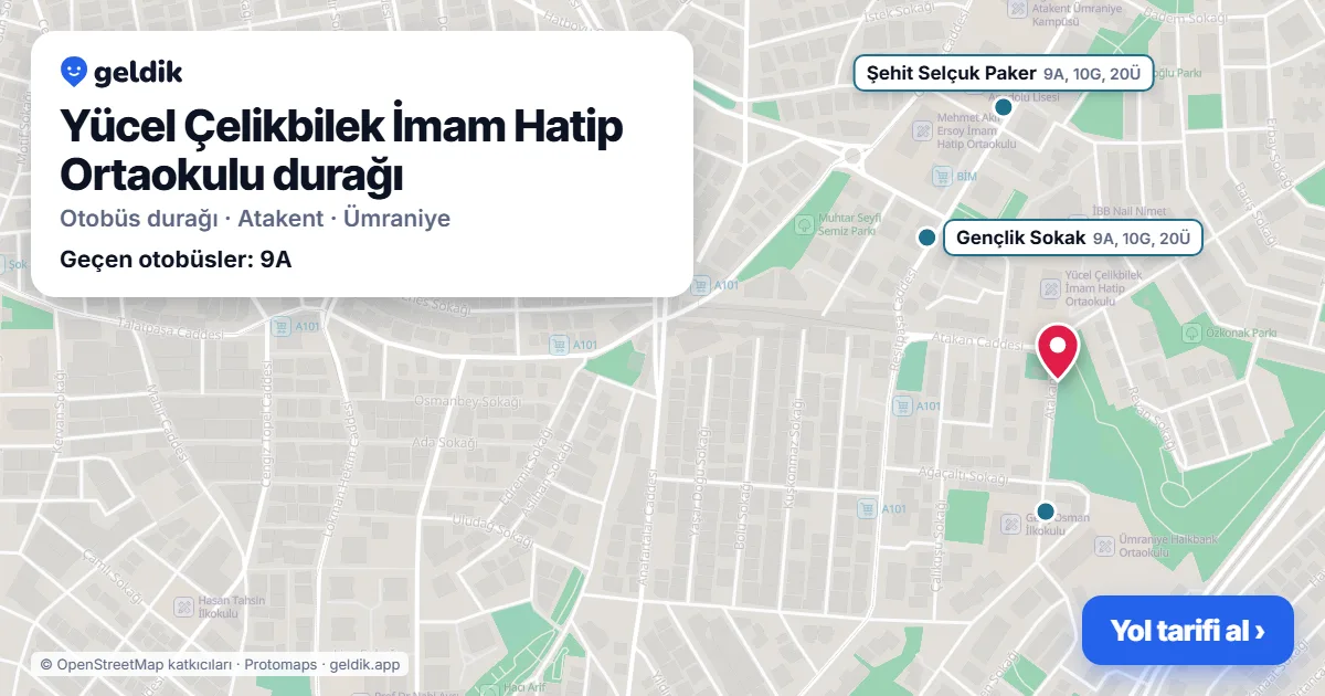 Yücel Çelikbilek İmam Hatip Ortaokulu otobüs durağı haritada: konumu ve yakındaki duraklar