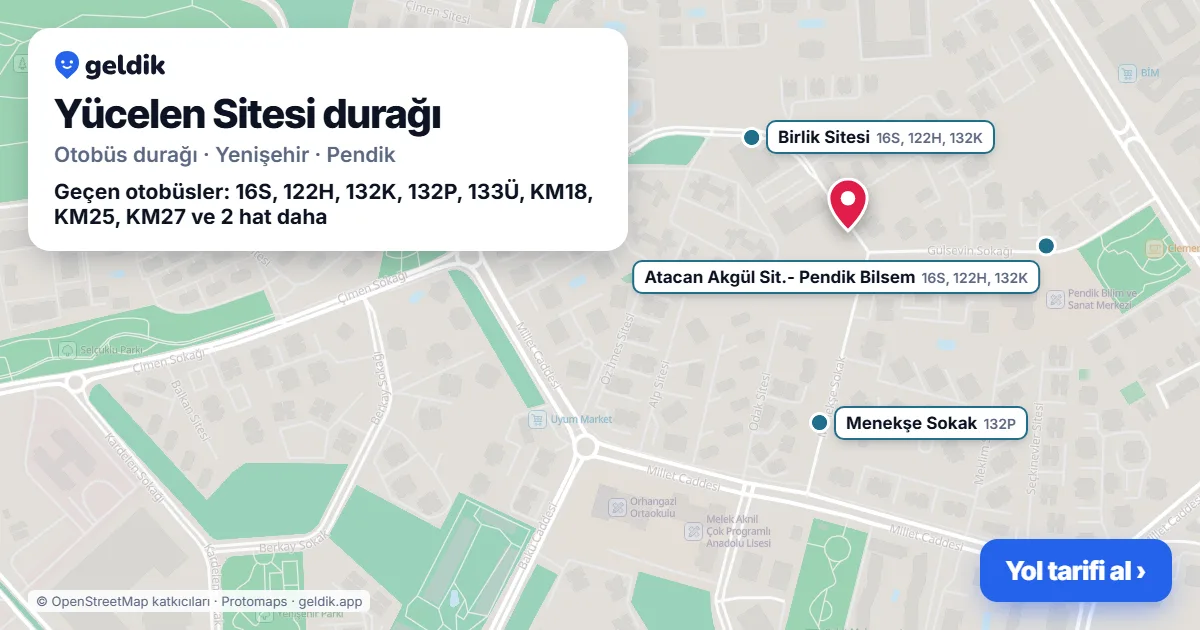 Yücelen Sitesi otobüs durağı haritada: konumu ve yakındaki duraklar