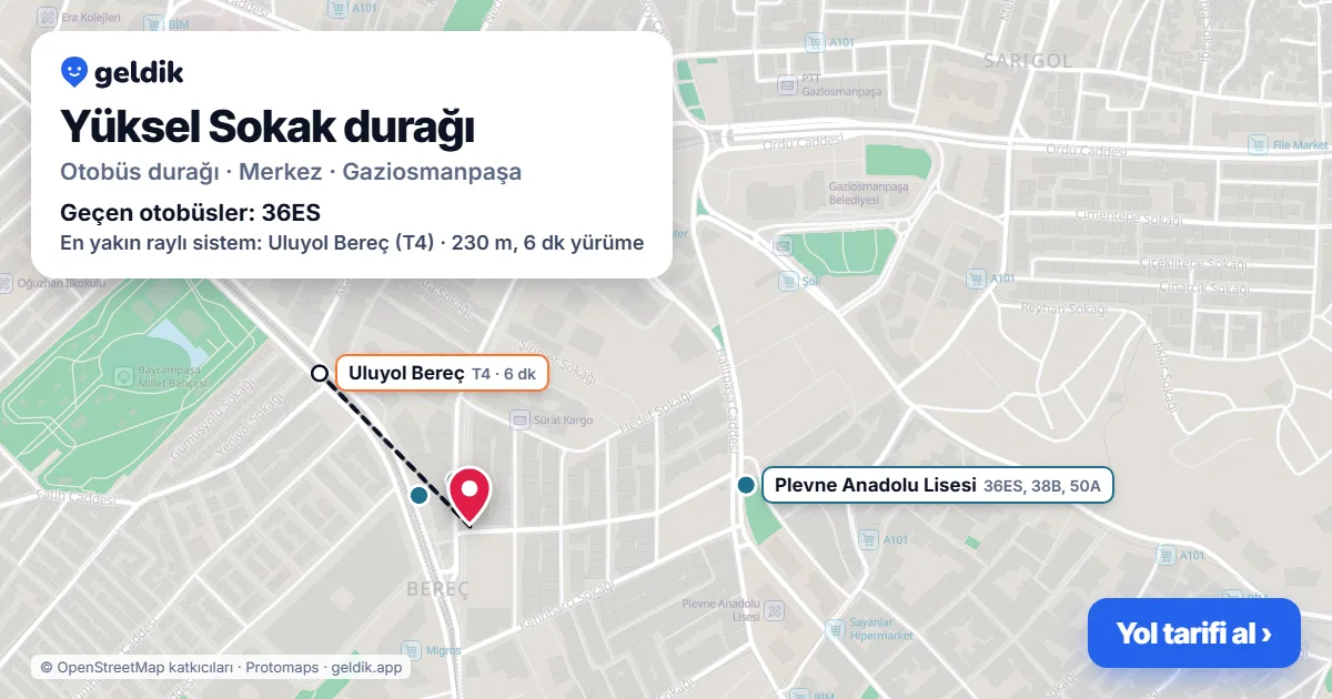Yüksel Sokak otobüs durağı haritada: konumu ve yakındaki duraklar