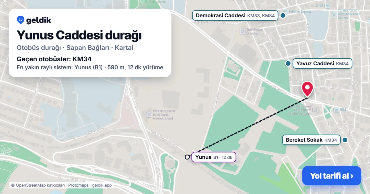Yunus Caddesi otobüs durağı haritada: konumu ve yakındaki duraklar