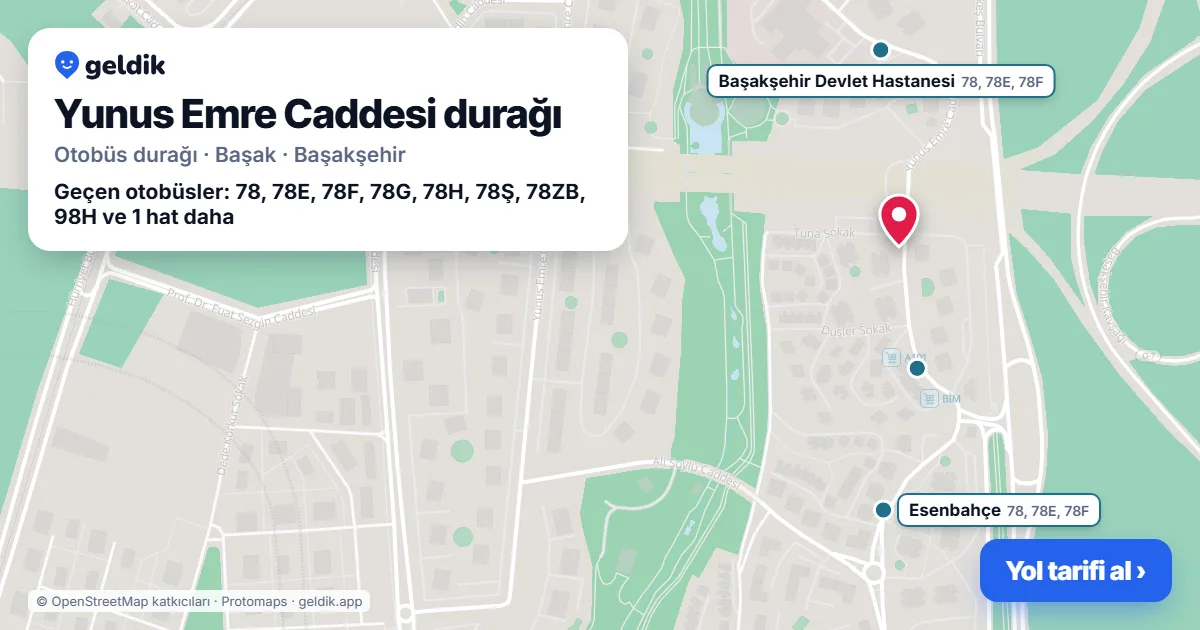 Yunus Emre Caddesi otobüs durağı haritada: konumu ve yakındaki duraklar