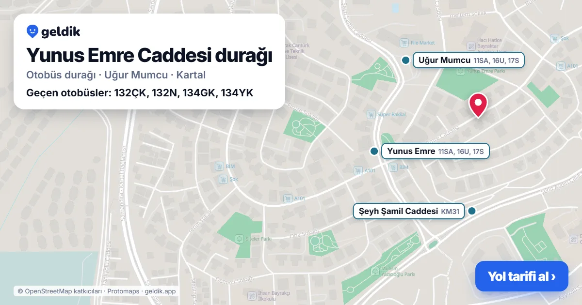 Yunus Emre Caddesi otobüs durağı haritada: konumu ve yakındaki duraklar