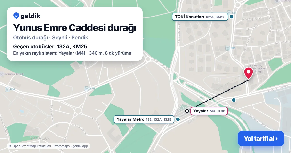 Yunus Emre Caddesi otobüs durağı haritada: konumu ve yakındaki duraklar
