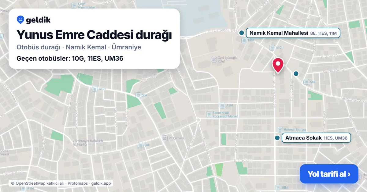 Yunus Emre Caddesi otobüs durağı haritada: konumu ve yakındaki duraklar