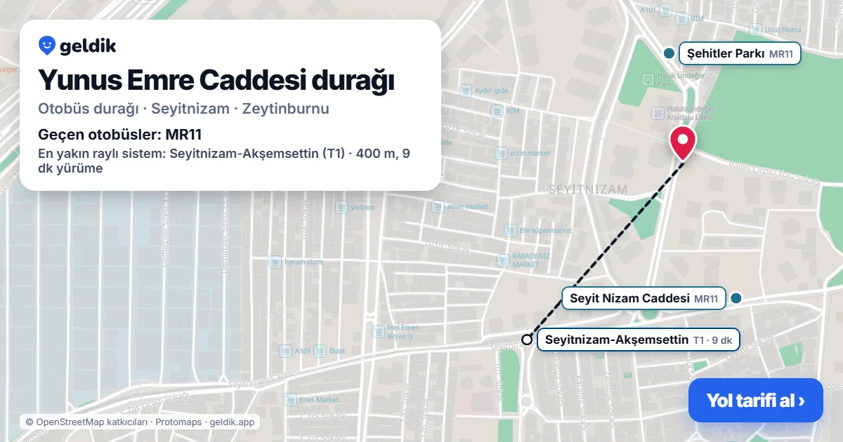 Yunus Emre Caddesi otobüs durağı haritada: konumu ve yakındaki duraklar