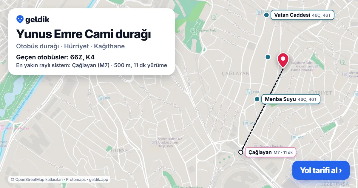 Yunus Emre Cami otobüs durağı haritada: konumu ve yakındaki duraklar