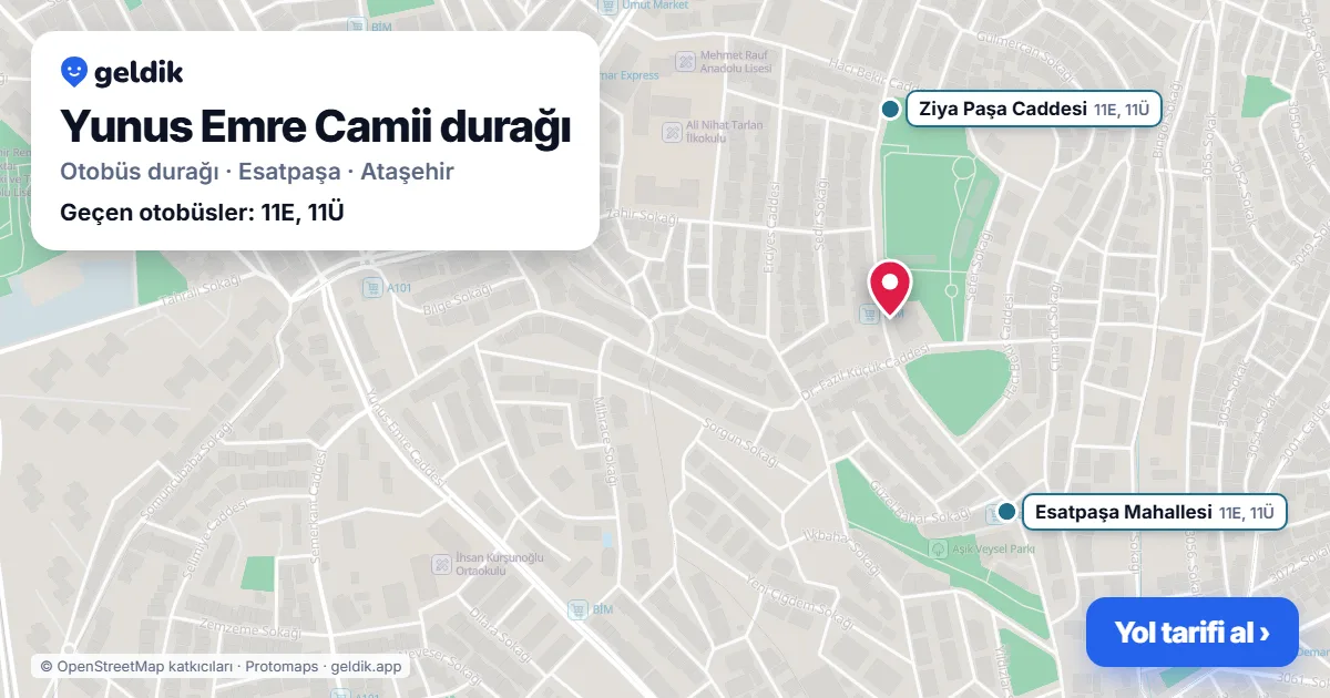 Yunus Emre Camii otobüs durağı haritada: konumu ve yakındaki duraklar