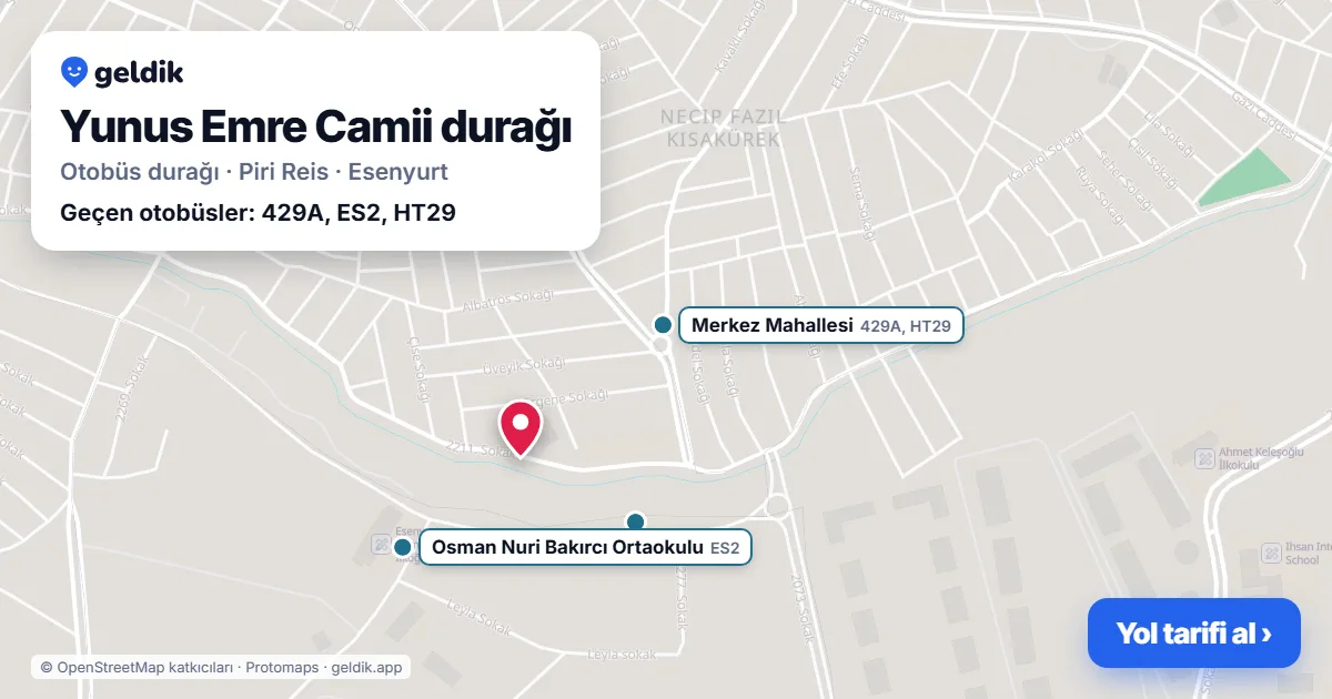 Yunus Emre Camii otobüs durağı haritada: konumu ve yakındaki duraklar